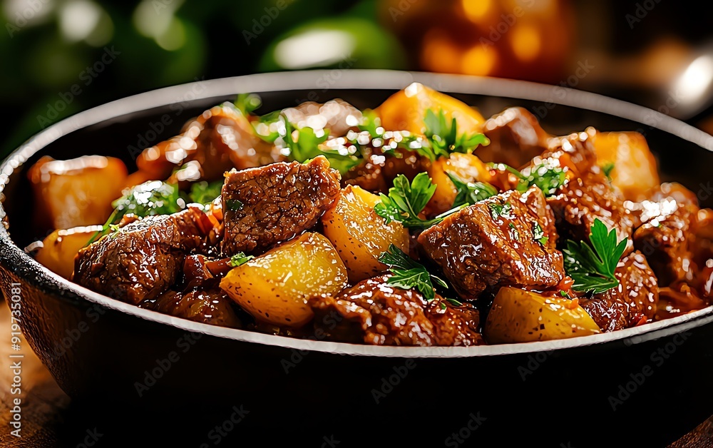 Savory stirfry with tender beef, red cabbage, and potatoes, seasoned with mustard and herbs, served in a deep dish with a side of pickled cucumbers Savory stirfry with tender beef, red cabbage, and potatoes, seasoned with mustard and herbs, served in a deep dish with a side of pickled cucumbers