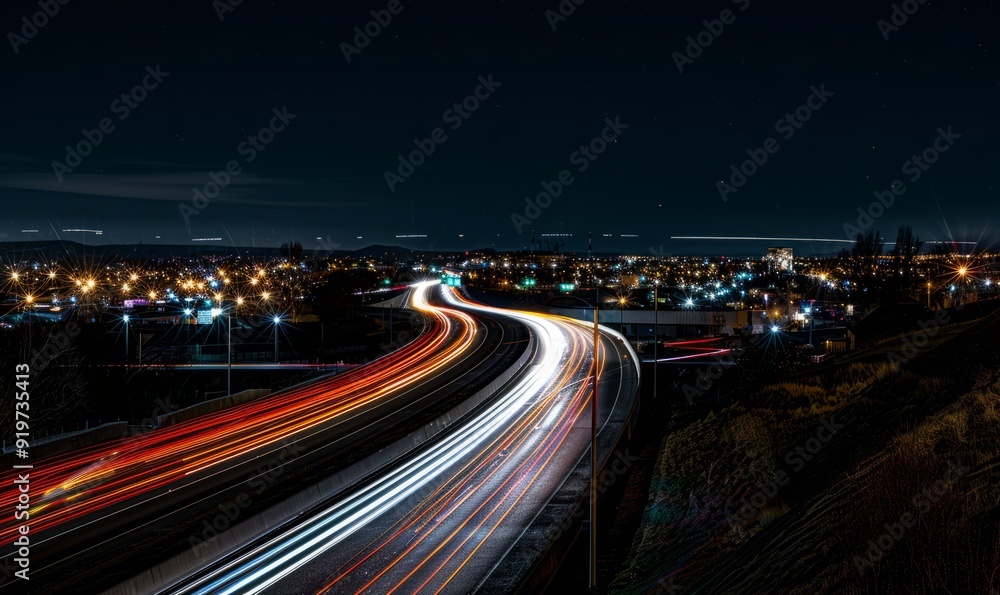 Nighttime cityscape with streaks of car lights in a time-lapse Nighttime cityscape with streaks of car lights in a time-lapse