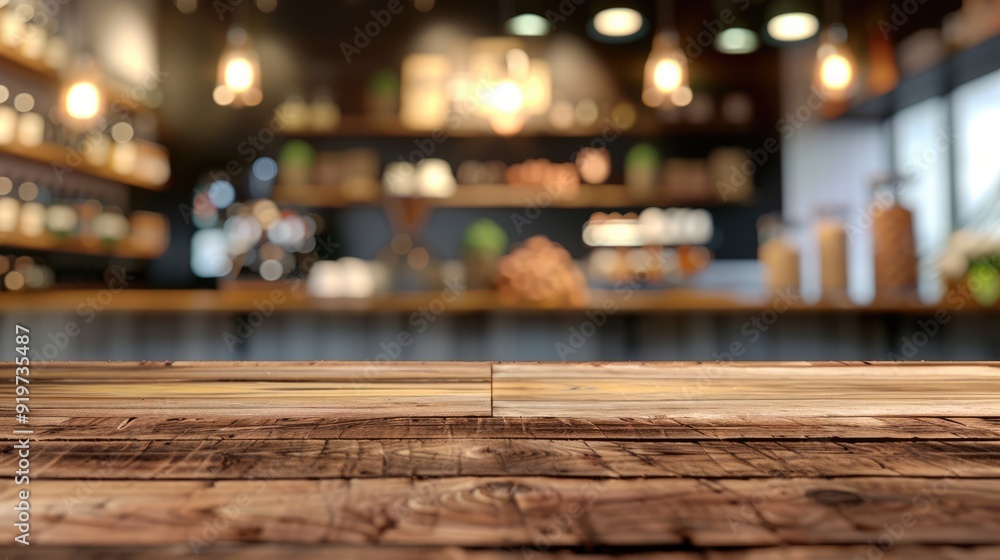 Blurred wooden table and coffee shop background with product display. Blurred wooden table and coffee shop background with product display.
