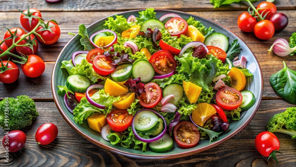Fresh and colorful salad with a variety of vegetables and leafy greens, Healthy, fresh, vegetarian, meal, green Fresh and colorful salad with a variety of vegetables and leafy greens, Healthy, fresh, vegetarian, meal, green