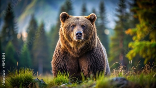 A majestic and powerful brown bear in the wilderness, wild, nature, wildlife, animal, predator, fur, outdoors, forest