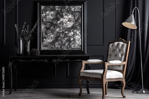 Black vintage ornate frame in classic style. Dark gothic royal frame in the room.