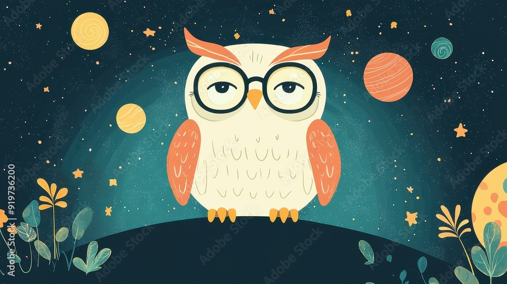 Obraz premium Develop a flat illustration of a wise old owl teaching children about astronomy, with educational elements like stars or planets