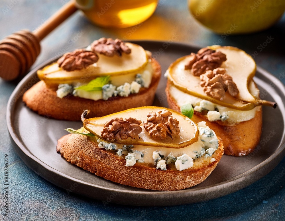 Pear Blue Cheese Honey Crostini with Walnuts. Easy Snack for Surprise Guests Friends Pear Blue Cheese Honey Crostini with Walnuts. Easy Snack for Surprise Guests Friends