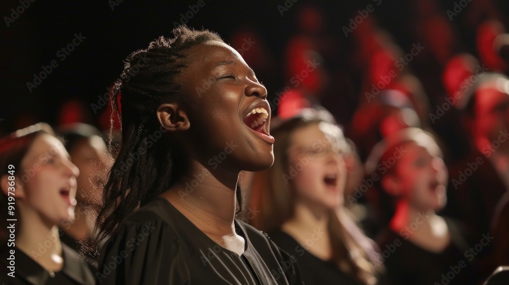 A multi-lingual choir singing a world anthem, showcasing the diversity and unity in music A multi-lingual choir singing a world anthem, showcasing the diversity and unity in music