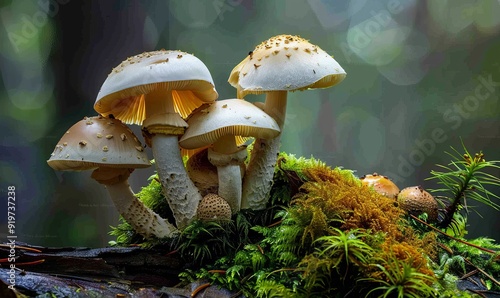 White champignons on a snag in a moss forest