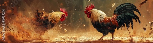 A rooster engaged in a traditional cockfighting match, feathers flared in combat.--v 6.1 Vector illustraions photo