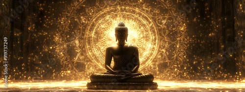 Buddha statue with mandala background, glowing light effect on dark brown color background, high resolution photography