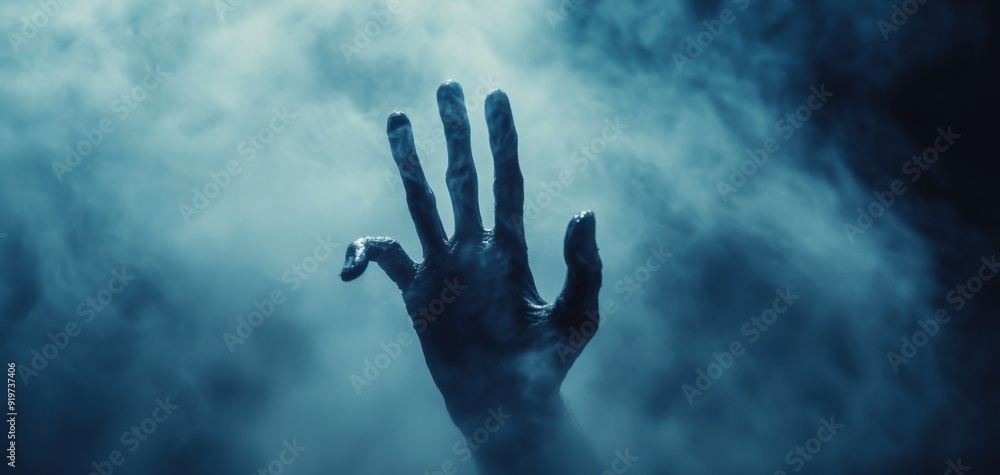 A ghostly hand emerges from swirling fog, evoking a sense of mystery and suspense in a dark atmosphere. A ghostly hand emerges from swirling fog, evoking a sense of mystery and suspense in a dark atmosphere.