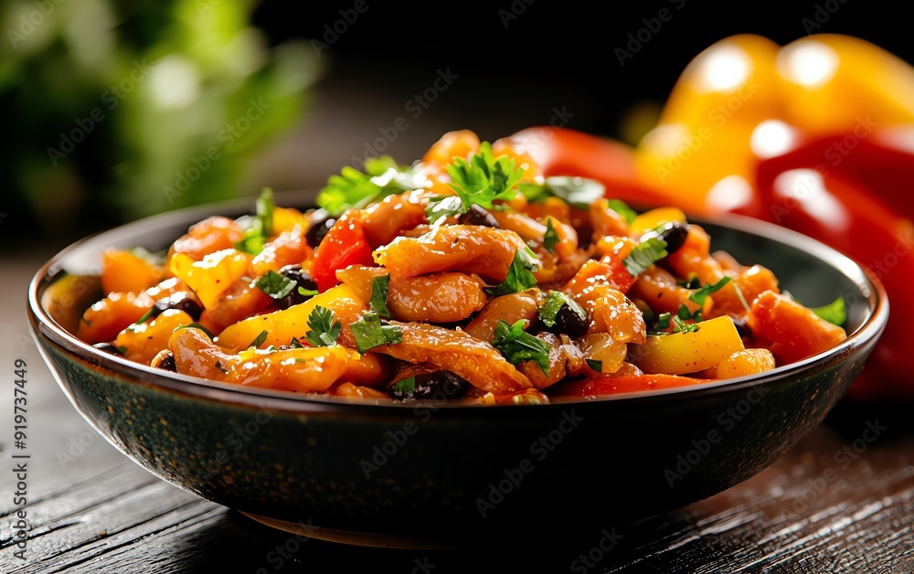Vegan stirfry with jackfruit, bell peppers, onions, and black beans in a smoky chipotle sauce, served in a colorful bowl with a southwesternthemed background Vegan stirfry with jackfruit, bell peppers, onions, and black beans in a smoky chipotle sauce, served in a colorful bowl with a southwesternthemed background