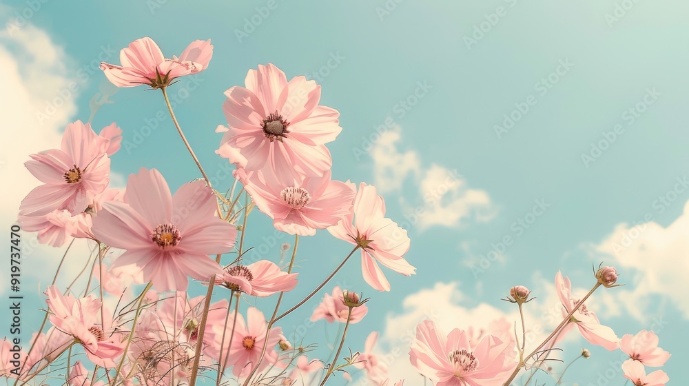 Pastel pink flowers in the sky; a beautiful floral display for summer. Pastel pink flowers in the sky; a beautiful floral display for summer.
