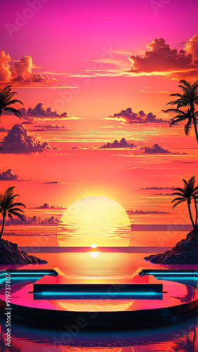 80s Synthwave podium, orange sunset, vaporwave product pedestal, party scene display beach, Podium platform 3D vaporwave orange sunset, vibrant, vintage, ad, podium platform, product presentation 