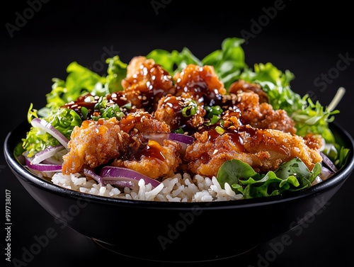 Wokfried chicken with katsu sauce, onions, and mixed greens, served over a bed of steamed jasmine rice, presented in a black stoneware dish photo