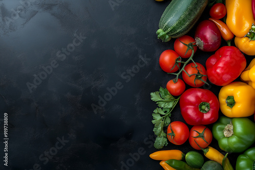 A variety of fresh vegetables placed on a dark background, perfect for culinary concepts or healthy eating themes.