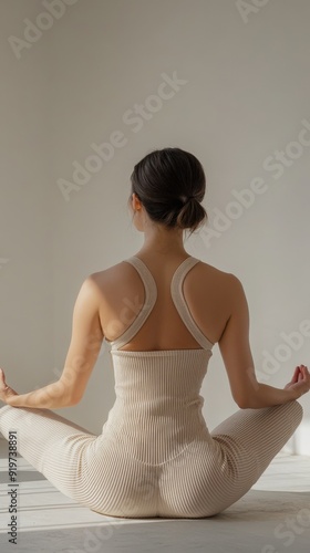 An unrecognizable woman practicing yoga in a minimalist room with soft lighting at sunrise