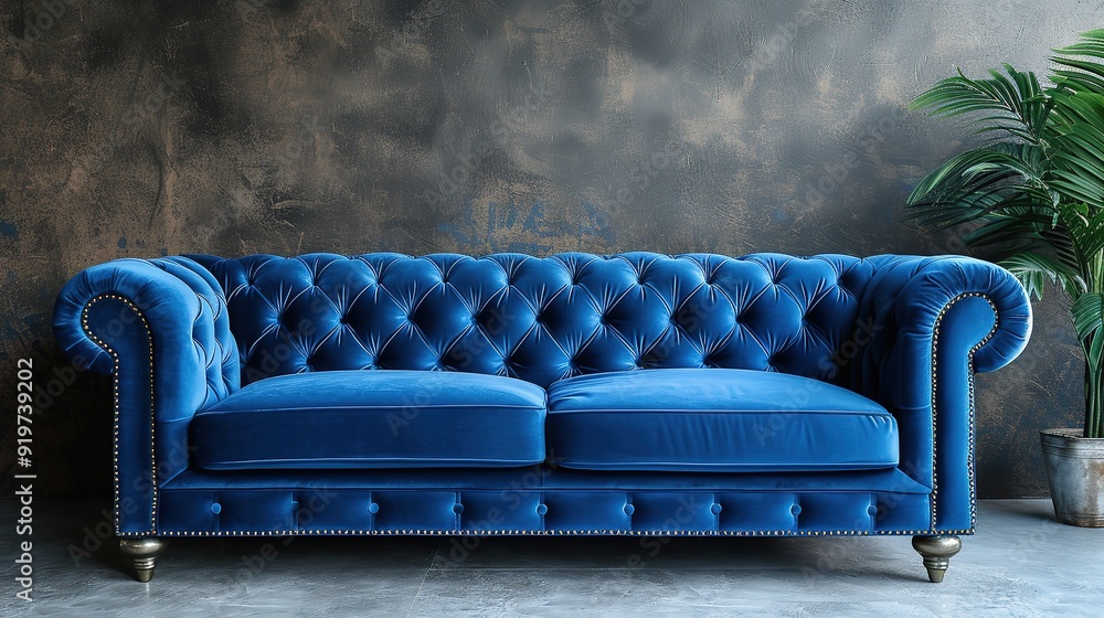 Obraz premium Luxurious blue velvet sofa in Modern Living Space on empty concrete wall background
