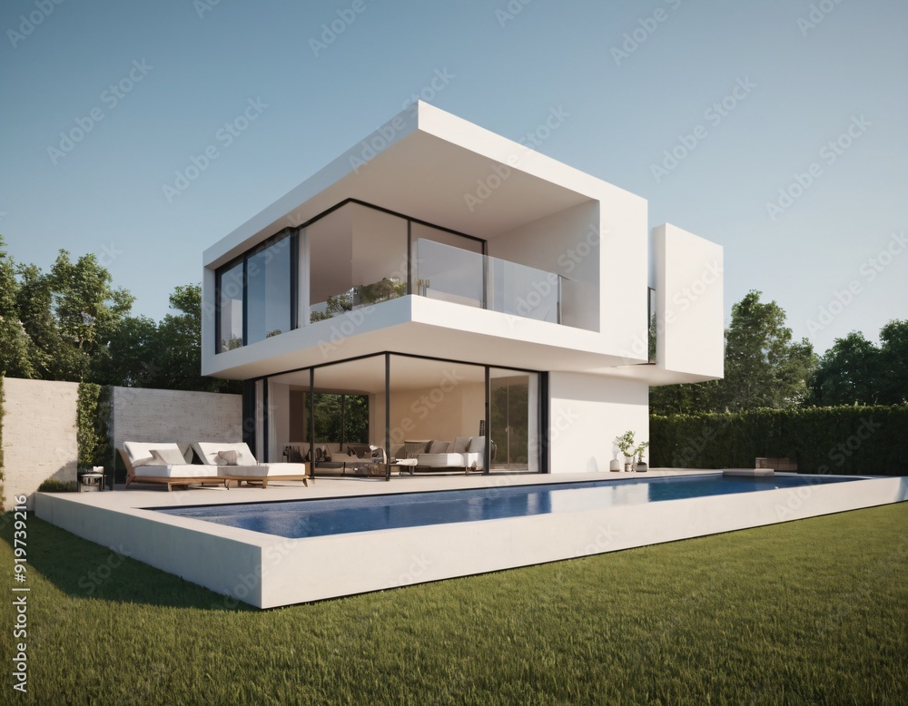 A modern, minimalist two-story house with a flat roof, large glass windows, and a spacious wooden deck leading to a serene pool, surrounded by greenery. Ai generated image. A modern, minimalist two-story house with a flat roof, large glass windows, and a spacious wooden deck leading to a serene pool, surrounded by greenery. Ai generated image.