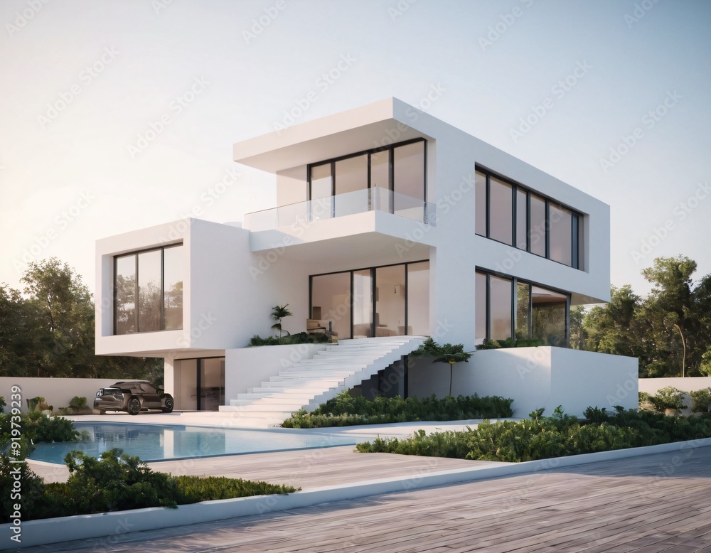 Fototapeta premium A modern, minimalist two-story house with a flat roof, large glass windows, and a spacious wooden deck leading to a serene pool, surrounded by greenery. Ai generated image.