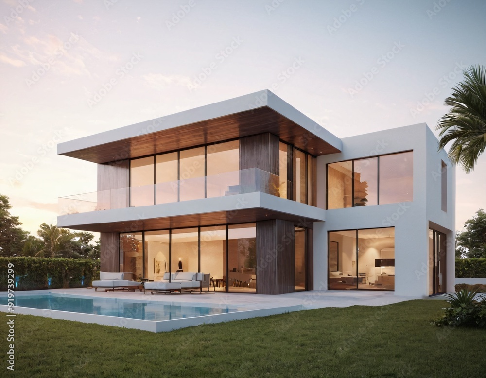 A modern, minimalist two-story house with a flat roof, large glass windows, and a spacious wooden deck leading to a serene pool, surrounded by greenery. Ai generated image. A modern, minimalist two-story house with a flat roof, large glass windows, and a spacious wooden deck leading to a serene pool, surrounded by greenery. Ai generated image.