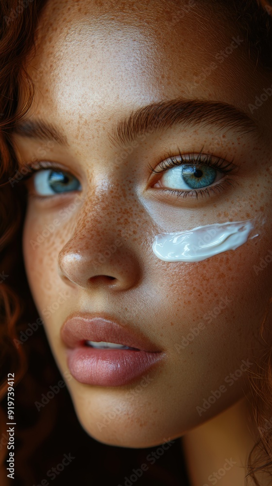 Close-up of a person applying skincare product to the cheek in natural light Close-up of a person applying skincare product to the cheek in natural light