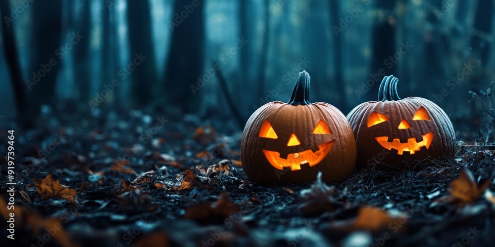 Eerie Halloween Pumpkins Illuminated in a Dark and Mysterious Forest, Spooky Seasonal Decor and Festive Atmosphere Eerie Halloween Pumpkins Illuminated in a Dark and Mysterious Forest, Spooky Seasonal Decor and Festive Atmosphere