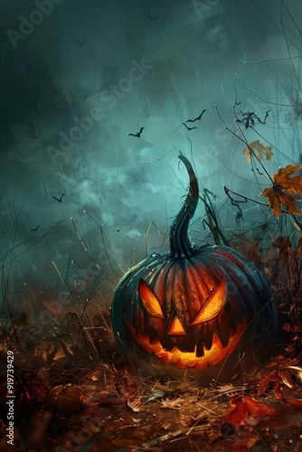 Dark Halloween pumpkin in an autumn forest photo