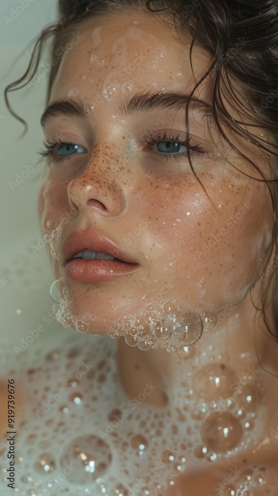 Close-up of a woman washing her shoulder and neck with bubbles in a relaxing setting Close-up of a woman washing her shoulder and neck with bubbles in a relaxing setting