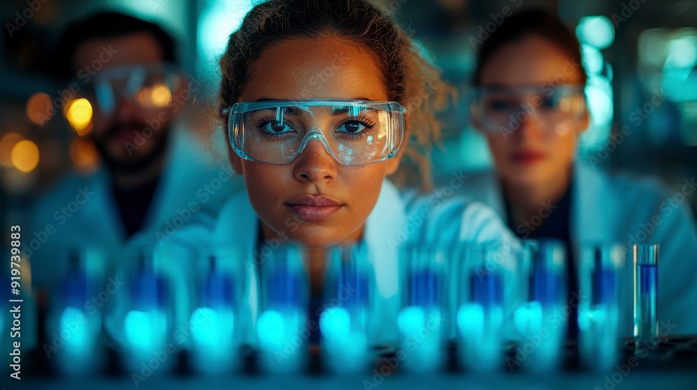 Scientists in a modern laboratory with advanced equipment are conducting a chemical experiment. Scientists in a modern laboratory with advanced equipment are conducting a chemical experiment.