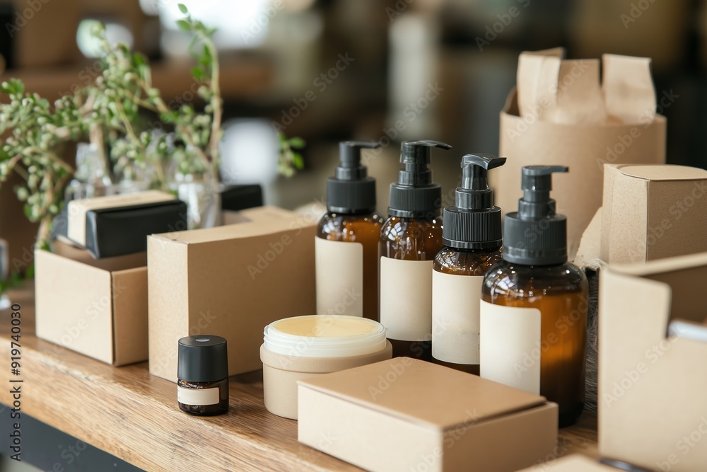 A collection of natural skincare products and packaging displayed on a wooden countertop A collection of natural skincare products and packaging displayed on a wooden countertop