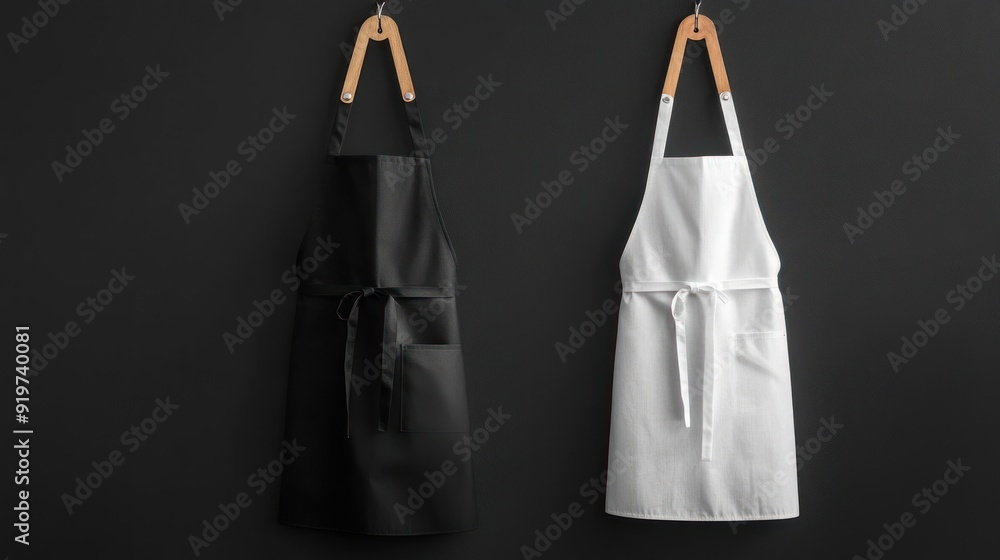 Black and White Aprons Hanging on Hooks Against a Black Wall Black and White Aprons Hanging on Hooks Against a Black Wall