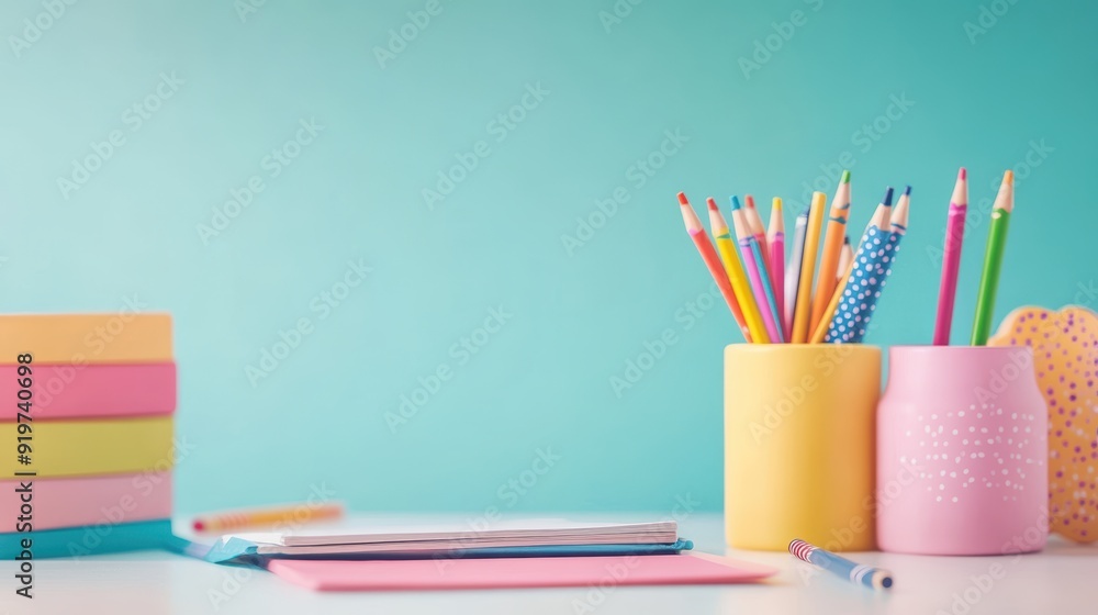Fototapeta premium A child desk with a colorful drawing pad, a box of crayons, and a stack of colorful books, illustrating the joy of learning.