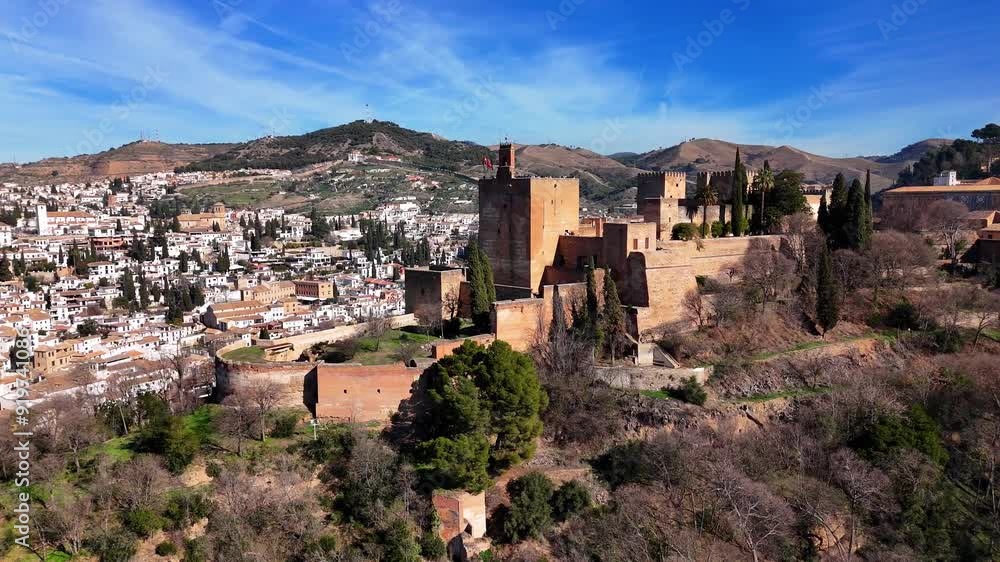 Aerial view of the Alhambra in Granada, Spain, capturing the majestic palace complex.
