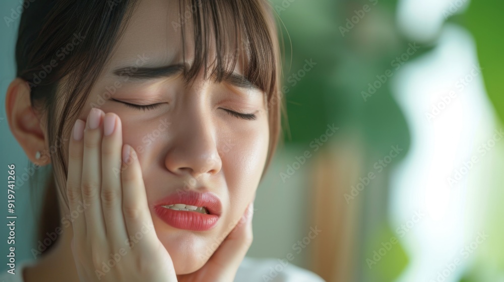 A person with a hand on their cheek, wincing in pain A person with a hand on their cheek, wincing in pain