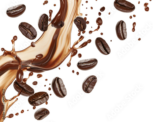 Floating coffee beans with coffee splash, isolated on transparent PNG, for branding, marketing, packaging design