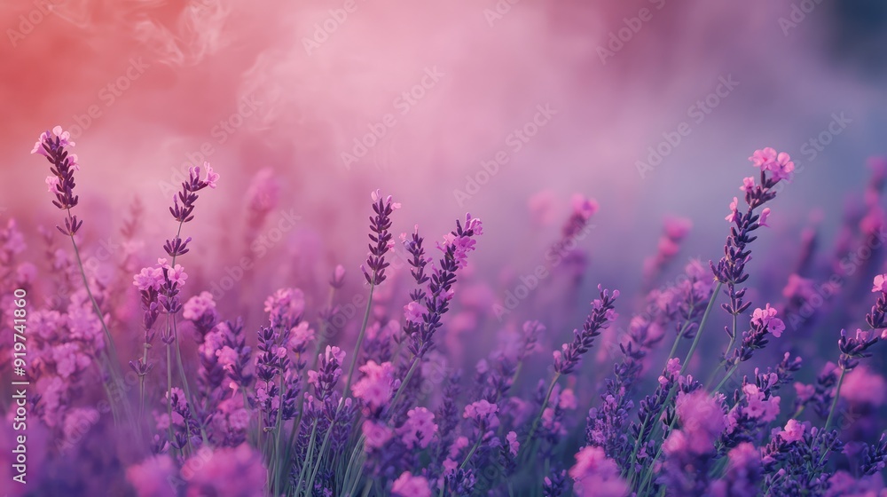 Obraz premium Fragrant smoke, lavender in bloom, lavender field with pink purple flowers and grass. The generation of AI