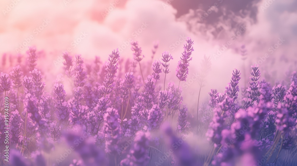 Naklejka premium Fragrant smoke, lavender in bloom, lavender field with pink purple flowers and grass. The generation of AI
