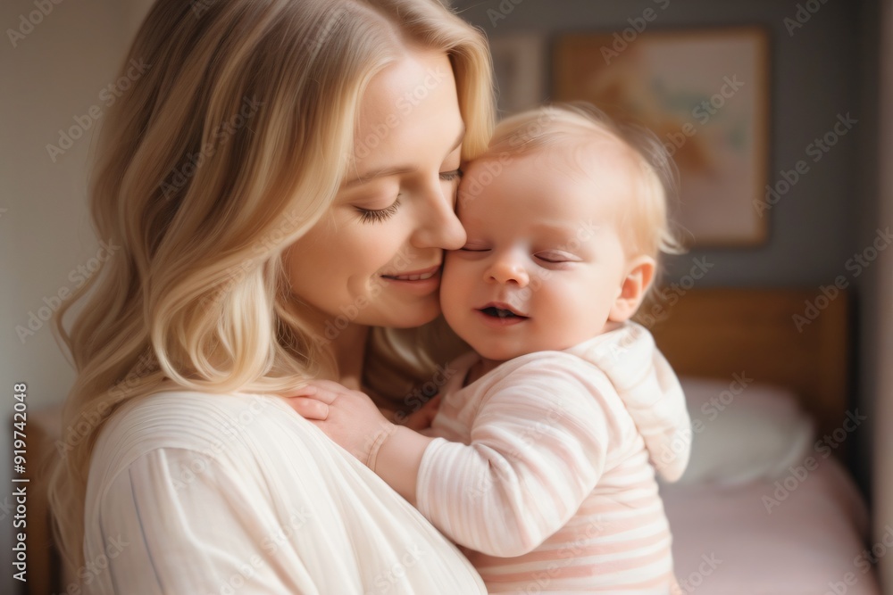 Happy motherhood. Mom hugs her baby with a smile. Childhood. Happy motherhood. Mom hugs her baby with a smile. Childhood.