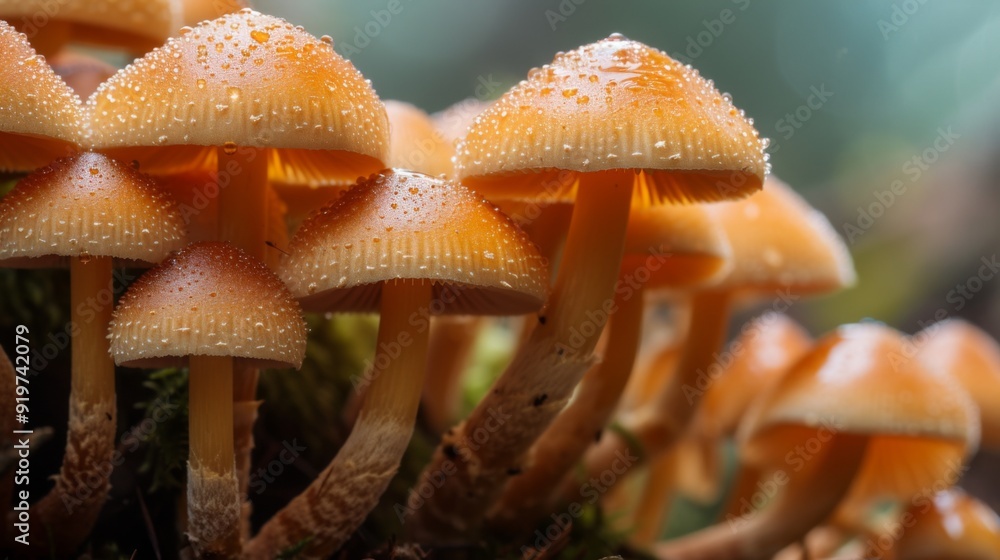 Obraz premium Group of mushrooms, capturing the detailed texture of their caps and stems