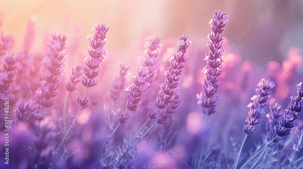 Fototapeta premium Fragrant smoke, lavender in bloom, lavender field with pink purple flowers and grass. The generation of AI