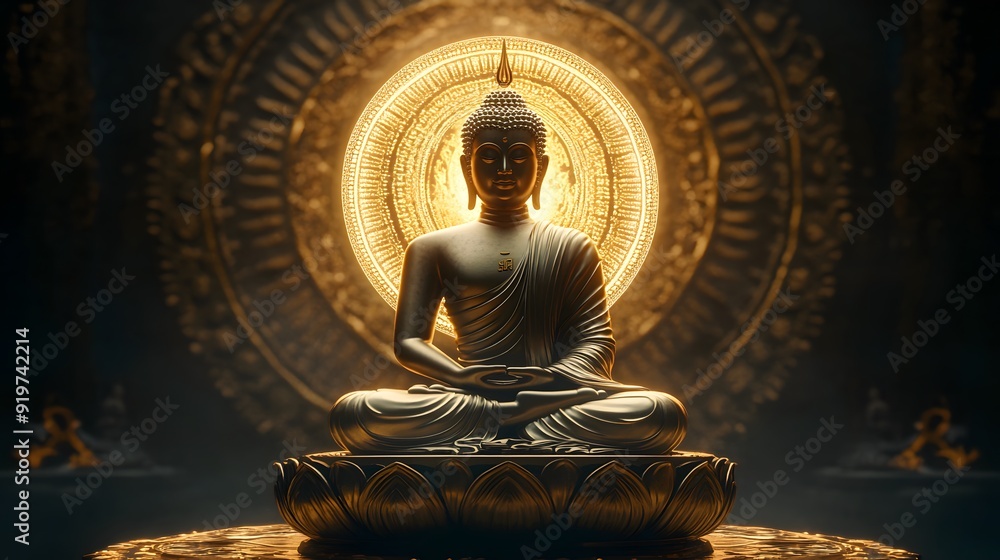 Buddha statue with mandala background, glowing light effect on dark brown color background, high resolution photography Buddha statue with mandala background, glowing light effect on dark brown color background, high resolution photography