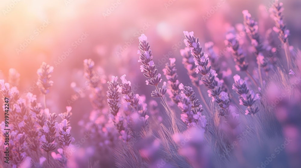 Obraz premium Fragrant smoke, lavender in bloom, lavender field with pink purple flowers and grass. The generation of AI