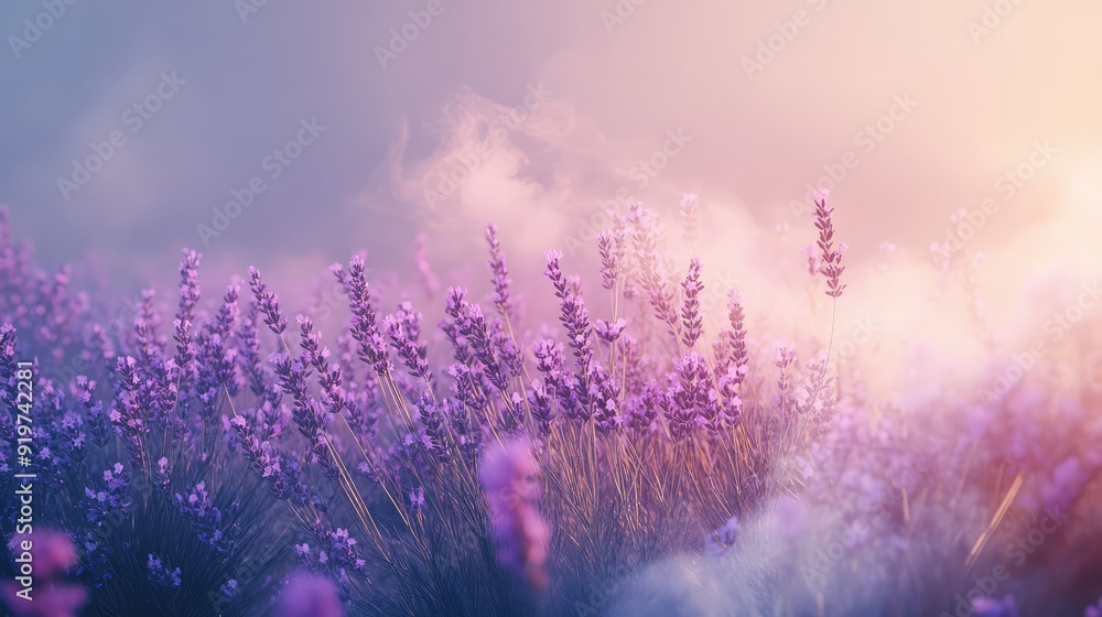 Fototapeta premium Fragrant smoke, lavender in bloom, lavender field with pink purple flowers and grass. The generation of AI