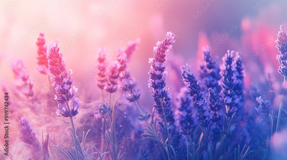 Obraz premium Fragrant smoke, lavender in bloom, lavender field with pink purple flowers and grass. The generation of AI