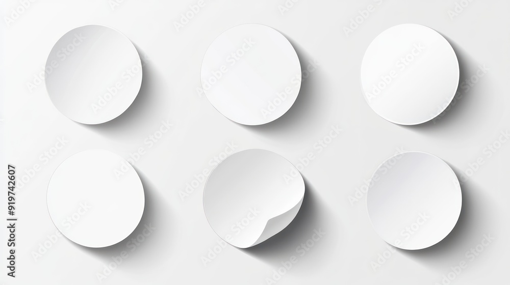 Six White Circular Stickers with Shadows on White Background Six White Circular Stickers with Shadows on White Background