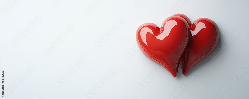 Two glossy red hearts symbolize love, romance, and affection on a minimalist white background, perfect for expressing emotions. Two glossy red hearts symbolize love, romance, and affection on a minimalist white background, perfect for expressing emotions.