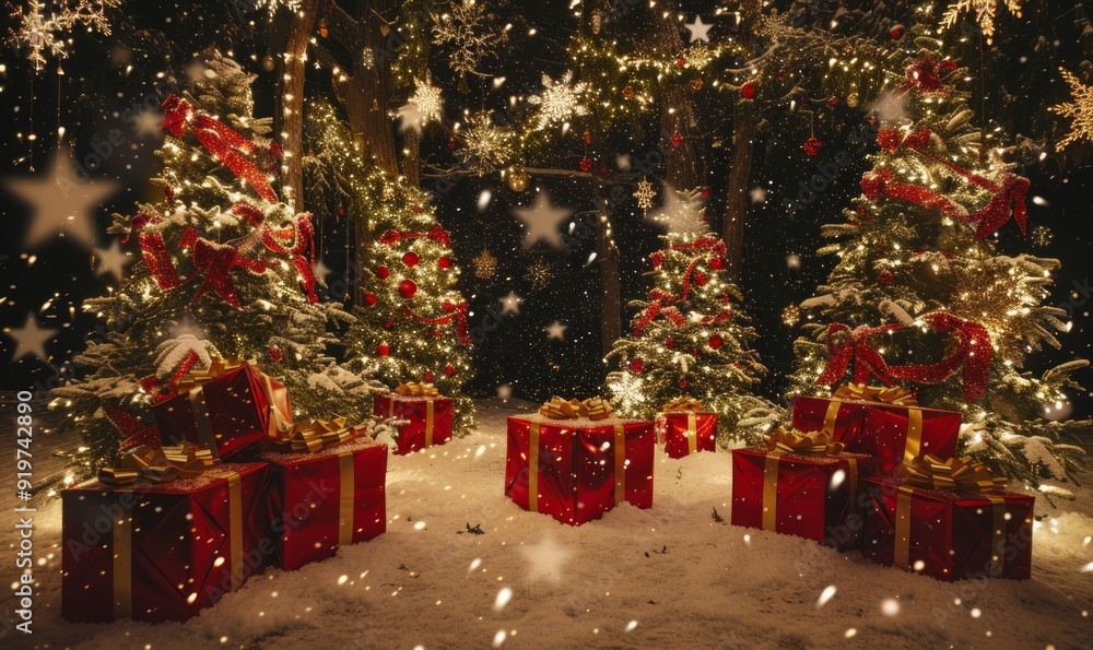 Illuminated christmas trees with red and golden garlands into a forest with snowy flakes with shape of stars close to xmas gifts in red boxes Illuminated christmas trees with red and golden garlands into a forest with snowy flakes with shape of stars close to xmas gifts in red boxes