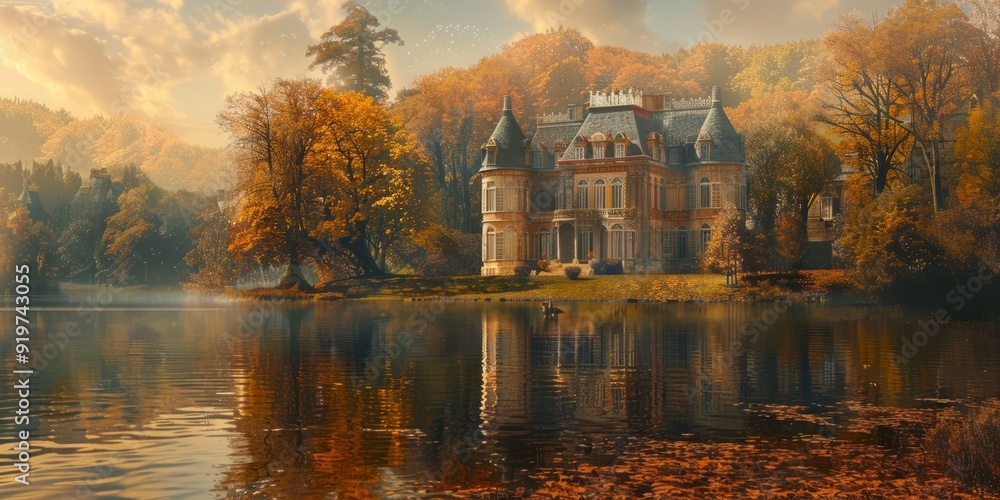 Naklejka premium Lake Scene with Period Mansion House. Atmospheric Rural Scene with Melancholic Autumn Mood.