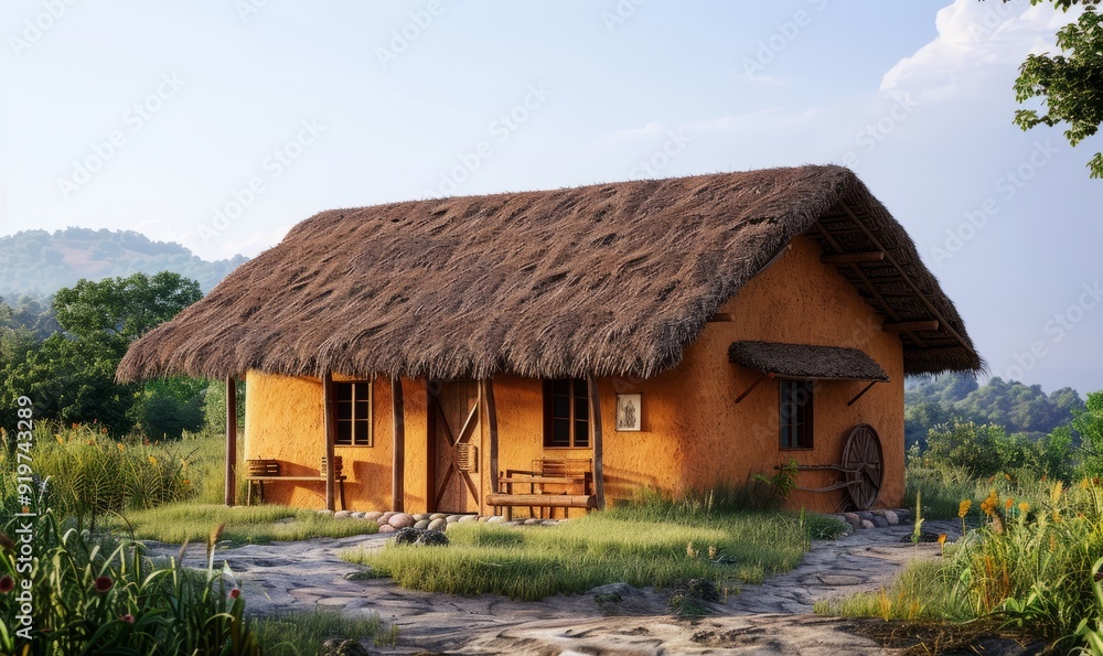 Rustic clay house with traditional thatched roof
