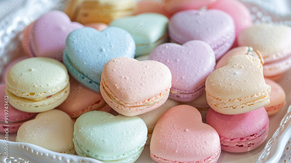 Close-up of a box of heart-shaped macarons in pastel colors, arranged beautifully on a delicate plate Close-up of a box of heart-shaped macarons in pastel colors, arranged beautifully on a delicate plate