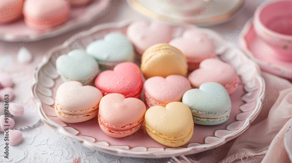 Close-up of a box of heart-shaped macarons in pastel colors, arranged beautifully on a delicate plate Close-up of a box of heart-shaped macarons in pastel colors, arranged beautifully on a delicate plate